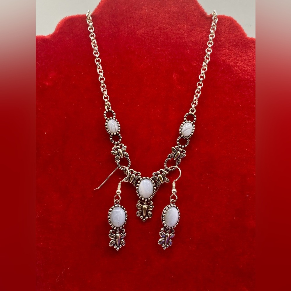 Sterling Silver Carolyn Pollack Agate Butterfly Dangle Earrings & Necklace Set